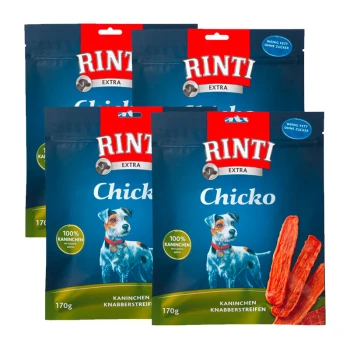 Vier Beutel Rinti Extra Chicko Hundeleckerlis, mit einem blauen Hintergrund, einer Hundillustration und dem Text '100% Kaninchen' und '170g.'