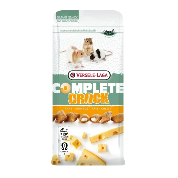 Emballage de friandises pour rongeurs au fromage Versele-Laga 'Complete Crock' montrant trois petits rongeurs ; texte 'Smart Snack Sans sucre ajouté'.