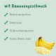 Bild eines Produkts mit Bananengeschmack, aufgelistet Zutaten: Bananenpulver, Dextrose, süßes Molkepulver und Salz vom Toten Meer, mit abgebildeten Bananen.