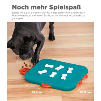 Ein schwarzer Hund interagiert mit einem türkisfarbenen Puzzlespielzeug mit weißen, knochenförmigen Teilen, entworfen für fortgeschrittenes Spielen, um versteckte Leckereien zu finden.