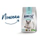 Sac de nourriture pour chat Happy Cat Sensitive avec un chat blanc aux yeux bleus, étiqueté "1+ ans" et "estomac & intestins," avec le texte "Nouveau."
