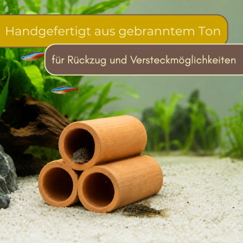 Drei Terrakotta-Röhren als Aquariumversteck mit Welsen und Tetras auf Sand; deutscher Text: 'Handgebrannter Ton – für Rückzug & Verstecke'.