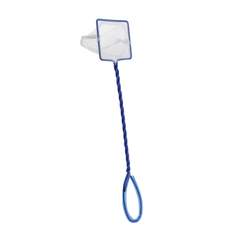 Blue fish net with a square mesh head and a twisted handle, designed for catching fish or aquatic pets.