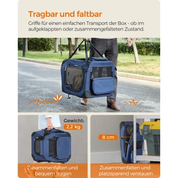Eine blaue Haustiertrage wird im Freien neben einem Zelt, im Auto und zu Hause mit dem Text: "Vielseitig einsetzbar" und "Für Camping, Auto, Zuhause" präsentiert.