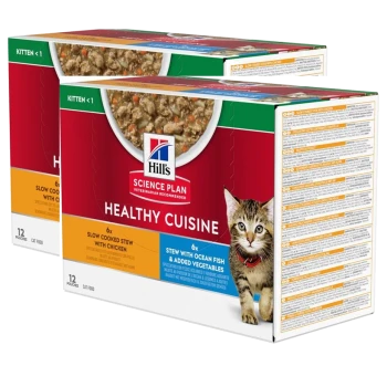 Dwie paczki karmy dla kociąt Hill's Science Plan Healthy Cuisine, z kurczakiem i rybami oceanicznymi w sosie. Każda paczka zawiera 12 saszetek.