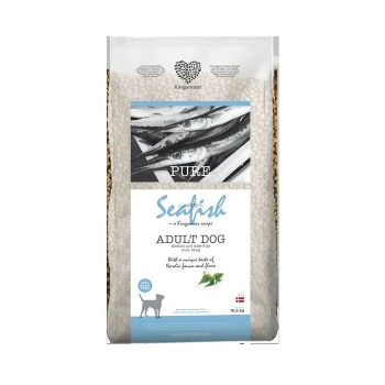 Kingsmoor Sea Fish Hundefutterbeutel, 10,5 kg, beschriftet mit "Adult Dog" mit einem einzigartigen Geschmack von nordischem Fisch und Kräutern, mit einem Fischbild.