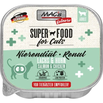 Vetcare Nierendiät Renal 16x100g Lachs und Huhn MAC's Vetcare Super Food für Katzen, Nierendiät mit Lachs und Huhn, getreidefrei, niedrig im Protein, hergestellt in Deutschland.