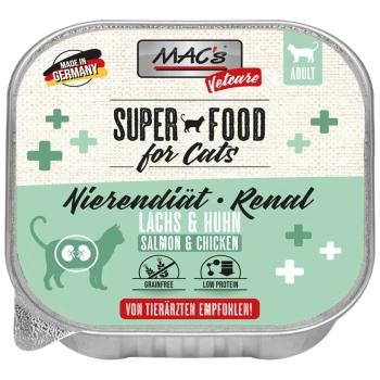 MAC's Vetcare Super Food für Katzen, Nierendiät mit Lachs und Huhn, getreidefrei, niedrig im Protein, hergestellt in Deutschland.