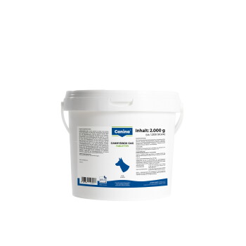 Weißer 2-kg-Canina-Eimer mit Canhydrox GAG Hundetabletten, Etikett zeigt Hundesilhouette und 'Inhalt: 2.000 g'