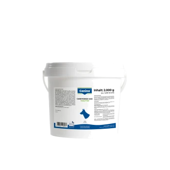 Weißer 2-kg-Canina-Eimer mit Canhydrox GAG Hundetabletten, Etikett zeigt Hundesilhouette und 'Inhalt: 2.000 g'
