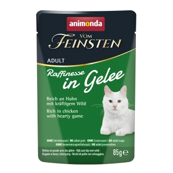 Animonda Vom Feinsten Katzenfutterbeutel für Erwachsene, Huhn mit herzhaftem Wild in Gelee, 85g, mit weißem Katzenbild.