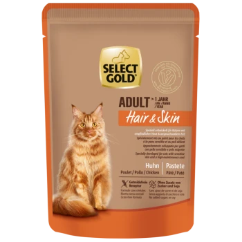 Select Gold Adult Hair & Skin Katzenfutterbeutel mit orange getigertem Kater, Hühnerpastetengeschmack, getreidefrei, ohne Zucker oder Soja.