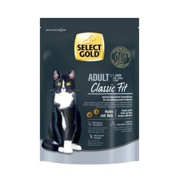 Emballage de nourriture pour chats avec un chat noir et blanc, étiqueté "SELECT GOLD ADULT Classic Fit," présentant une formule au poulet et au riz en allemand et en anglais.