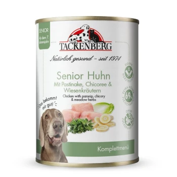 Dose Tackenberg Senior Huhn Hundefutter mit Huhn, Pastinake, Chicorée, Wiesenkräutern und einem Hundeabbild.