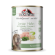 Boîte de nourriture pour chien Tackenberg Senior Huhn avec poulet, panais, chicorée, herbes des prés et image d'un chien.