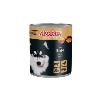 Dose AMORA Hundefutter mit Husky-Abbildung, Etikett 'FLEISCH PUR', 'mit Ente / with duck' und Zutaten-Symbole.