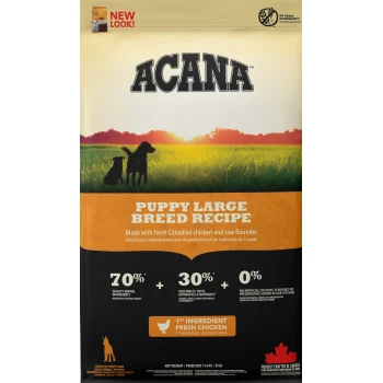 Puppy Large Breed 11.4 kg ACANA Puppy Large Breed Recipe Hundefutterbeutel mit einem Sonnenuntergangshintergrund und zwei Hunden, der frisches kanadisches Huhn und rohe Flunder hervorhebt.