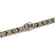 Eine stilvolle Haustierleine mit einem geometrischen Muster in erdigen Tönen von Braun, Schwarz und Hellblau, mit zwei Metallringen.