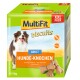 Grüne und gelbe Verpackung für MultiFit Hundekekse, mit einem braun-weißen Hund. Der Text enthält 'ADULT HUNDE-KNOCHEN' und '+Ca' für Calcium.