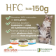 Image d'un chat à côté de boîtes de nourriture pour animaux HFC, mettant en avant des recettes 100 % naturelles, sans gluten, et riches en nutriments.