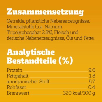 Nährwertinformationen für Katzenfutter auf Deutsch, die Zutaten und analytische Komponenten wie Protein, Fett und Kalorien detailliert auflisten.