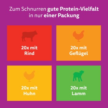 Grafik aus einem Zoofachgeschäft mit deutschem Text „Protein‑Vielfalt“ und vier farbigen Kacheln mit der Beschriftung: 20× Rind, Geflügel, Huhn, Lamm.