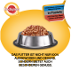 Eine silberne Futterschüssel für Haustiere mit Fleischstücken und dem Pedigree-Logo. Text: "Das Futter ist 100% ausgewogen, gesund und bietet besonderen Genuss."