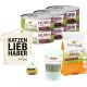 Eine Sammlung von Haustierprodukten: sechs Dosen "I love my cat" Hühnerfutter, Trockenfutter für Katzen, Nahrungsergänzungsmittel und eine "KATZEN LIEB HABER" Tragetasche.