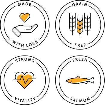 Vier kreisförmige Symbole: "Mit Liebe gemacht" (Hand/Herz), "Getreidefrei" (Weizen), "Starke Vitalität" (Herz/Puls), "Frischer Lachs" (Lachsillustration).