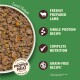 Bowl of lamb hotpot pet food with text highlighting freshly prepared lamb, single protein, complete nutrition, and grain-free recipe.