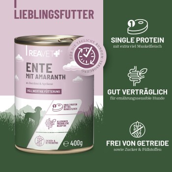 Dose Hundefutter mit der Aufschrift 'Ente mit Amaranth', die Ente, Zucchini und Aprikose enthält, mit Angaben zu Einzelprotein, Verdaulichkeit und getreidefrei.