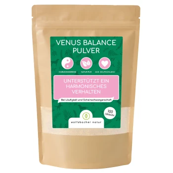 Verpackung des Haustierergänzungsmittels "Venus Balance Pulver", das harmonisches Verhalten bei Haustieren fördert, 100 Gramm, hergestellt in Deutschland.