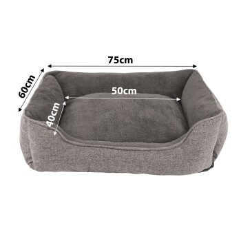 Graues Hundebett mit beschrifteten Abmessungen: 75 cm Länge, 60 cm Breite und 40 cm Höhe, mit weichem, plüschigem Stoff.