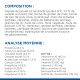 Ingrédients et analyse nutritionnelle de la nourriture pour animaux en français, listant protéines, graisses, vitamines et minéraux par kg.