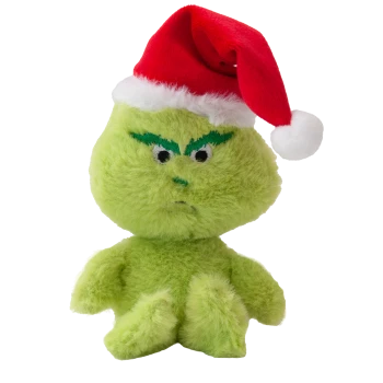 Green plush Grinch toy wearing a red and white Santa hat, with embroidered eyes and frowning expression.
