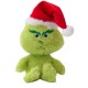Grünes Plüsch-Grinch-Spielzeug mit rotem und weißem Weihnachtsmannhut, bestickten Augen und finsterem Gesichtsausdruck.