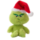 Green plush Grinch toy wearing a red and white Santa hat, with embroidered eyes and frowning expression.