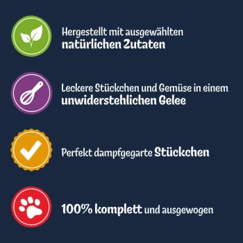 Bild zur Förderung von Haustierfutter mit Text, der natürliche Zutaten, köstliche Stücke in Gelee, perfekt gedämpfte Stücke und 100% vollständige Ernährung hervorhebt.