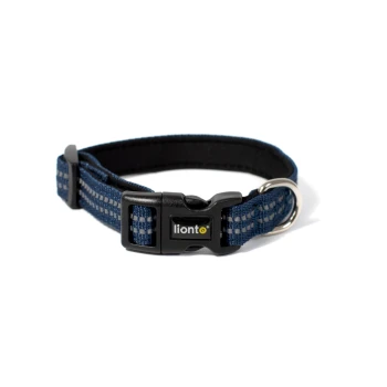 Marineblaues gewebtes Haustierhalsband mit schwarzem Kunststoffverschluss, Metall-D-Ring und 'lionto'-Logoetikett.
