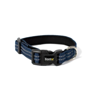 Marineblaues gewebtes Haustierhalsband mit schwarzem Kunststoffverschluss, Metall-D-Ring und 'lionto'-Logoetikett.