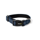 Marineblaues gewebtes Haustierhalsband mit schwarzem Kunststoffverschluss, Metall-D-Ring und 'lionto'-Logoetikett.