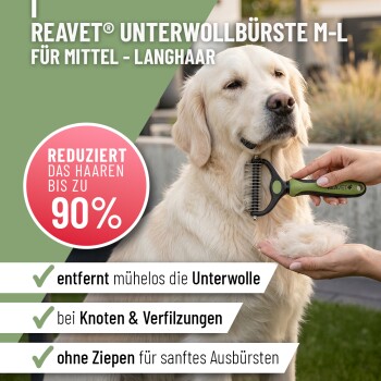 Tierpflegewerkzeug mit ergonomischem Griff in Grün und Schwarz, das Vorteile hervorhebt: weniger Haarverlust, gesünderes Fell, weniger Ziehen und Massageeffekt.