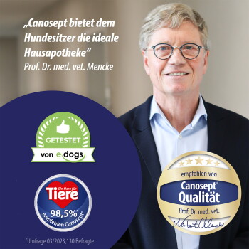 Lächelnder älterer Mann mit Brille (Tierarzt) neben dem deutschen Zitat "Canosept bietet dem Hundesitzer die ideale Hausapotheke" und Güte-Badges.