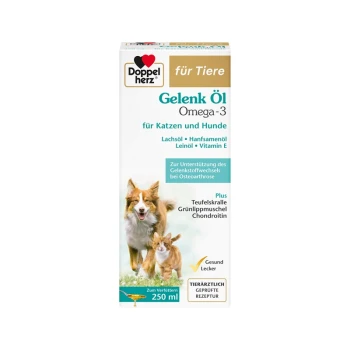 Flasche Gelenk Öl Omega-3 für Katzen und Hunde, mit einem Hund und einer Katze auf der Vorderseite, mit Zutaten wie Lachsöl und Hanföl.