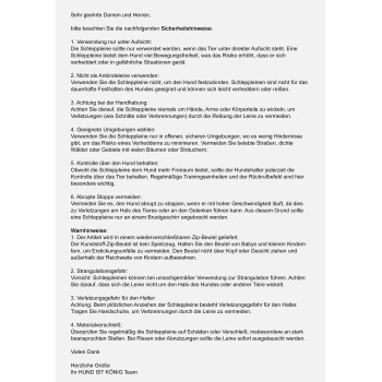 Sicherheitsanweisungen für die Verwendung von Schleppleinen, einschließlich Hinweise zur Aufsicht, Handhabung und geeigneten Umgebungen.