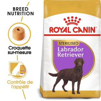 Sac de nourriture pour chien Royal Canin Sterilised Labrador Retriever avec une illustration de Labrador marron, mettant l'accent sur la nutrition spécifique à la race et le contrôle de l'appétit.