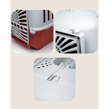 Nahaufnahmen eines Haustierträgers mit einem roten Boden und grauem Oberteil, die Belüftungslöcher und sichere Verriegelungsmechanismen hervorheben.