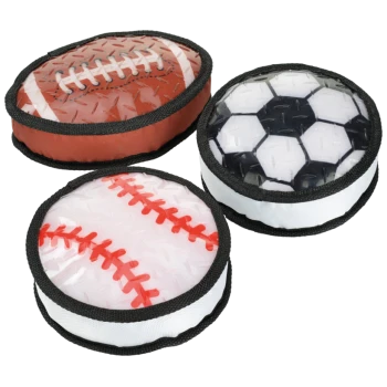 Set aus drei runden Haustierspielzeugen, gestaltet als Football, Fußball und Baseball mit schwarzem Rand.