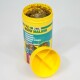 Conteneur jaune de nourriture pour poissons JBL Pro Novo Malawi, étiqueté pour herbivores, avec le couvercle ouvert révélant le contenu à l'intérieur.