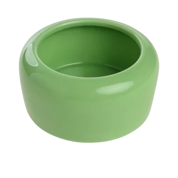 Grüne Keramikschüssel für Tierfutter oder Wasser mit einer glatten, glänzenden Oberfläche, mit einem abgerundeten Design und weitem Öffnung.